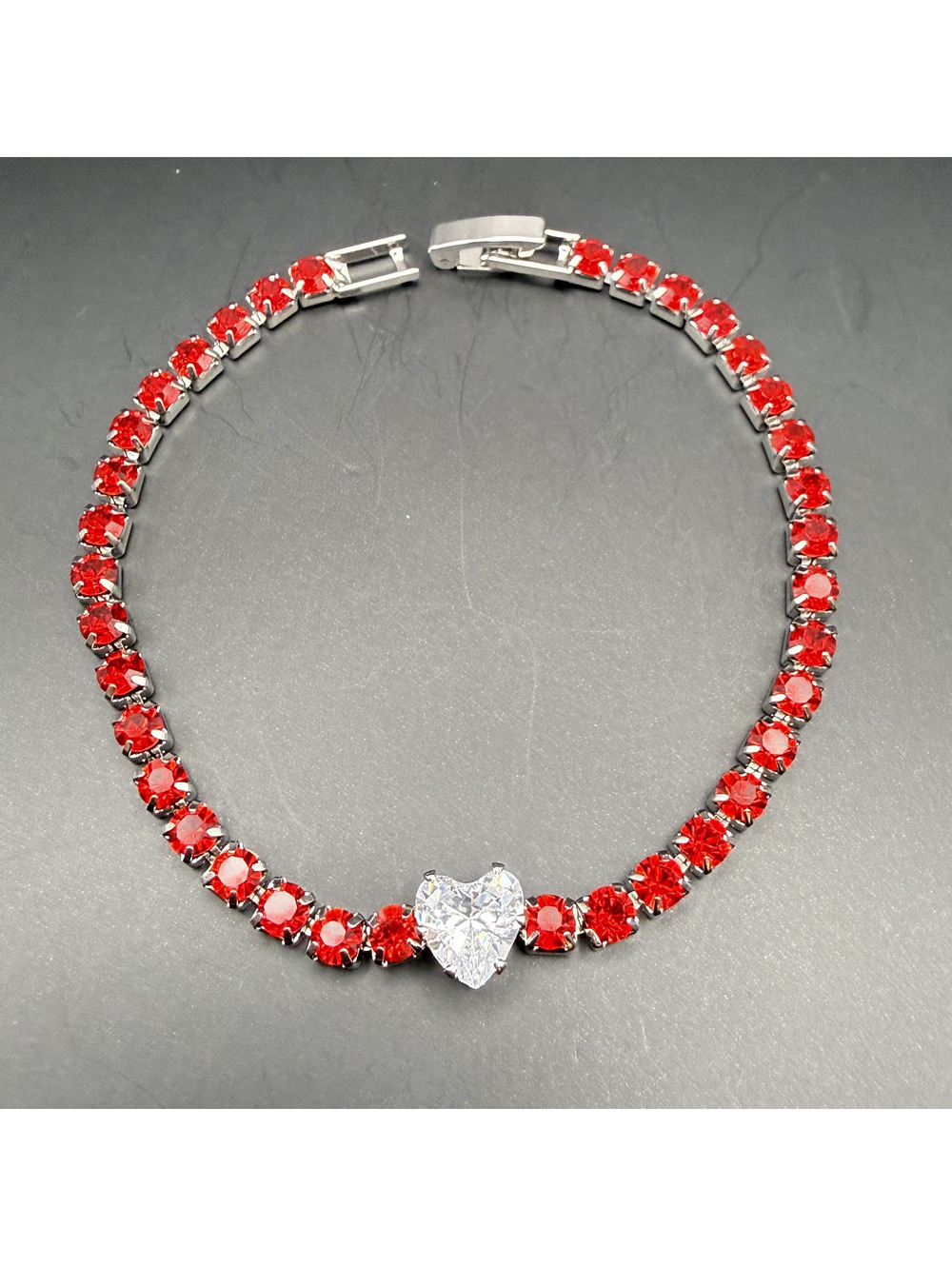 candy+clover red crystal white heart silver tone bracelet